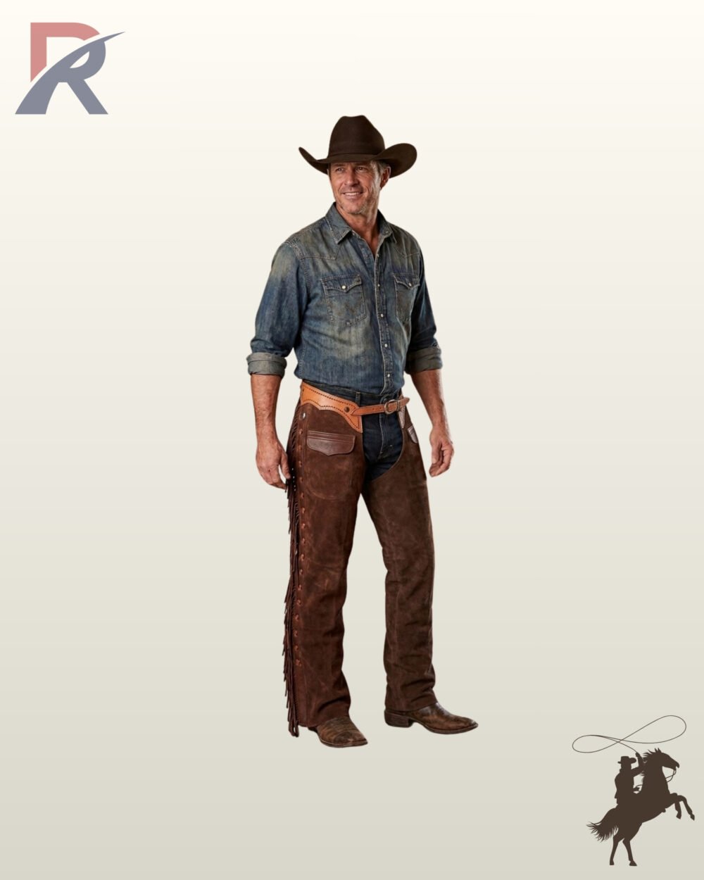 Men's western cowboy riding chaps crafted from dark brown suede, styled with a denim shirt, brown felt hat, and hand-tooled belt closure.