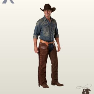 Men's western cowboy riding chaps crafted from dark brown suede, styled with a denim shirt, brown felt hat, and hand-tooled belt closure.
