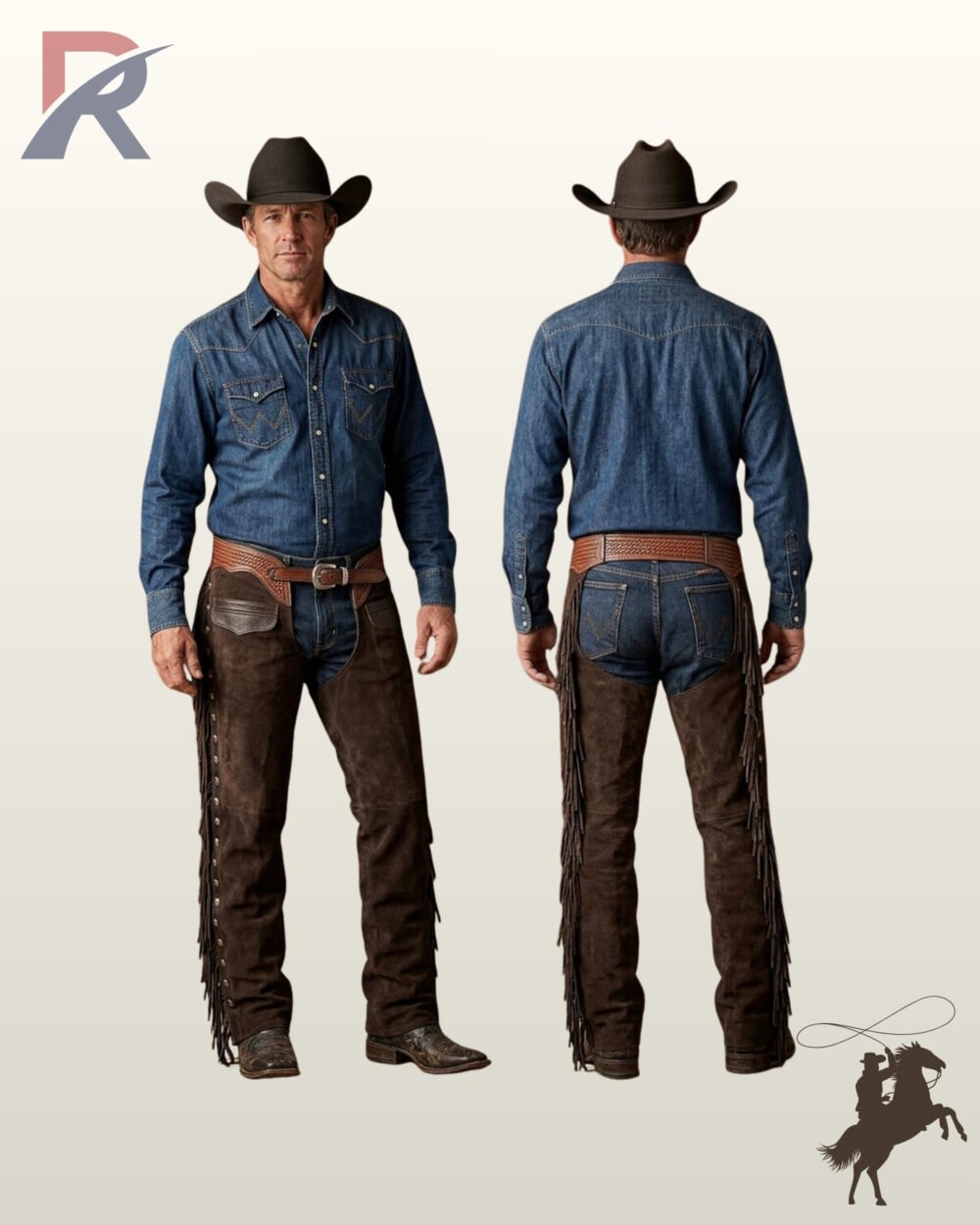 Side-by-side front and rear view of a model wearing men's dark espresso suede western riding chaps with basket weave tooled leather trim and side leg fringe.