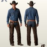 Side-by-side front and rear view of a model wearing men's dark espresso suede western riding chaps with basket weave tooled leather trim and side leg fringe.