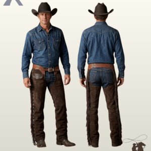 Side-by-side front and rear view of a model wearing men's dark espresso suede western riding chaps with basket weave tooled leather trim and side leg fringe.
