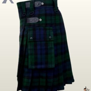 Heavy-duty Black Watch plaid utility kilt featuring a pleated back design, flap-closure pockets, and black D-ring loops.