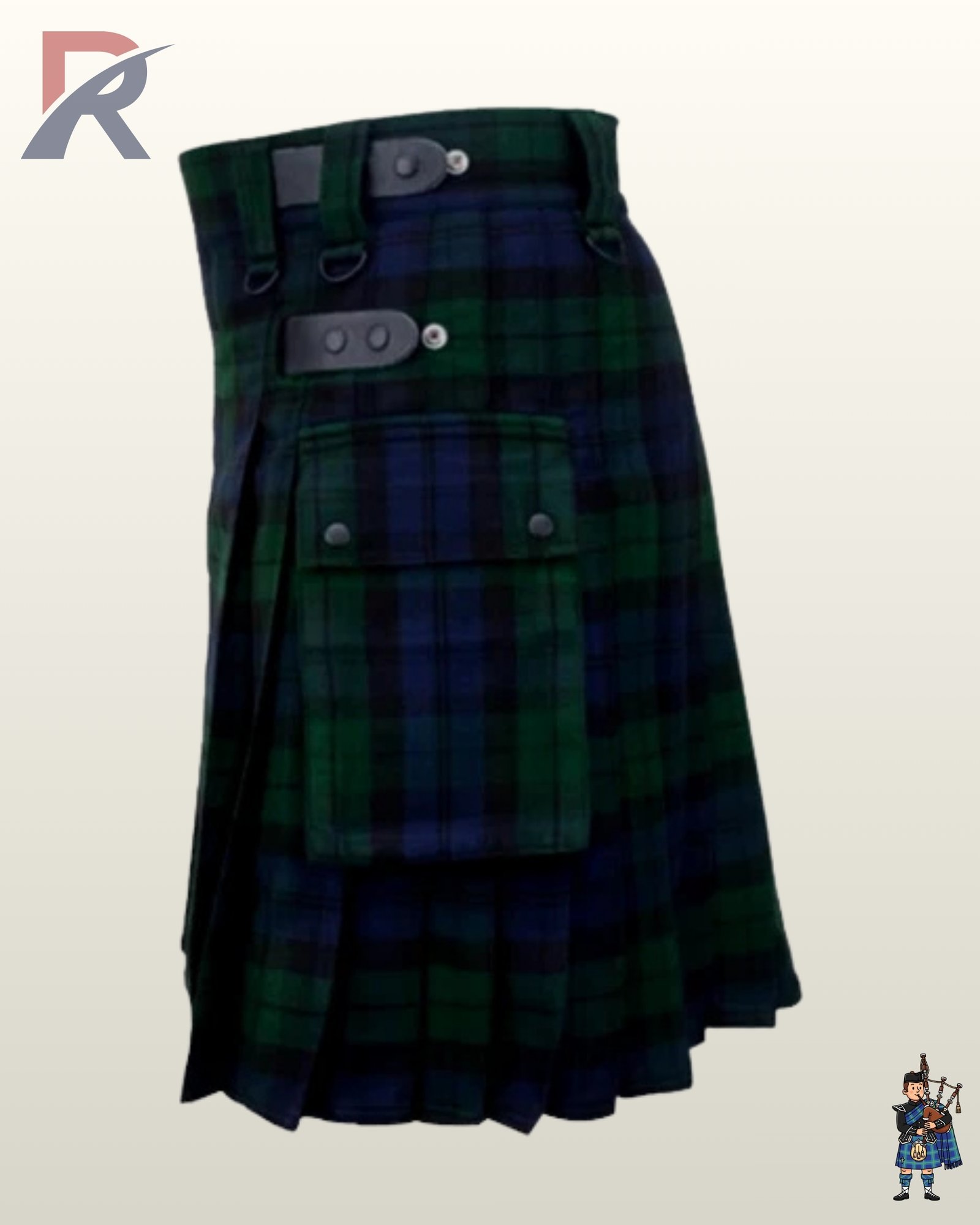 Heavy-duty Black Watch plaid utility kilt featuring a pleated back design, flap-closure pockets, and black D-ring loops.