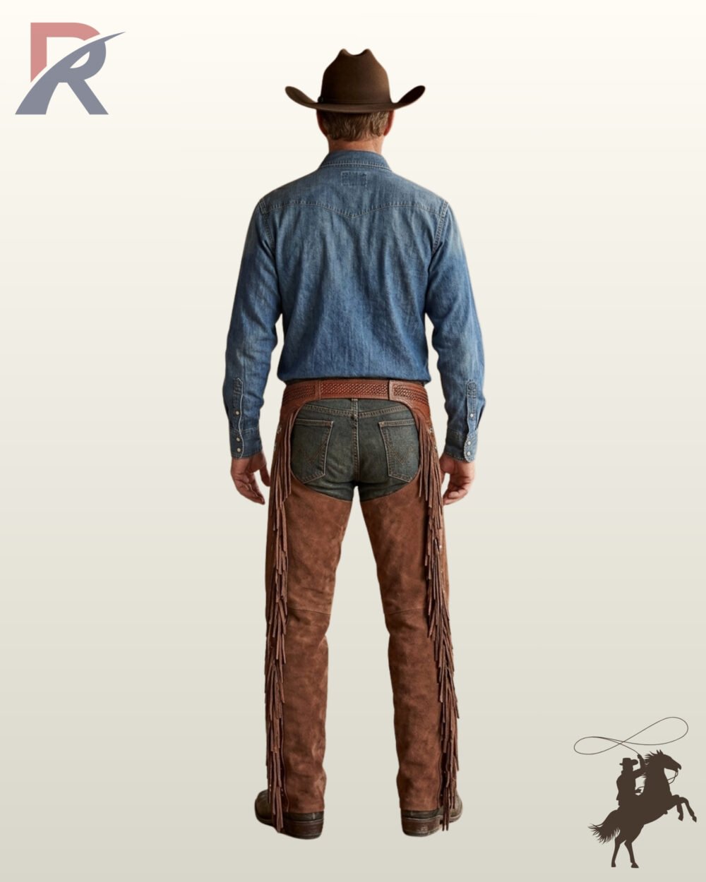 Back perspective of men's handcrafted suede cowboy chaps showing full-length leg fringe, basket weave tooled belt band, and dark denim jeans.