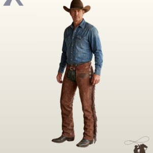 Three-quarter front view of a male model wearing distressed brown suede western chaps featuring an upper leg flap pocket, silver concho studs, and side fringe.
