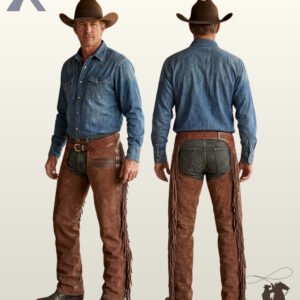 Side-by-side front and rear view of a male model wearing distressed brown suede western riding chaps with basket weave tooled leather trim and side fringe.