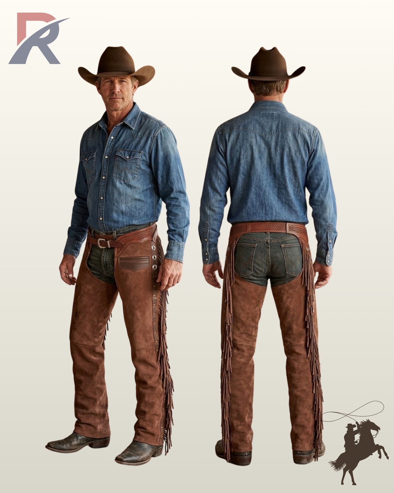 Side-by-side front and rear view of a male model wearing distressed brown suede western riding chaps with basket weave tooled leather trim and side fringe.