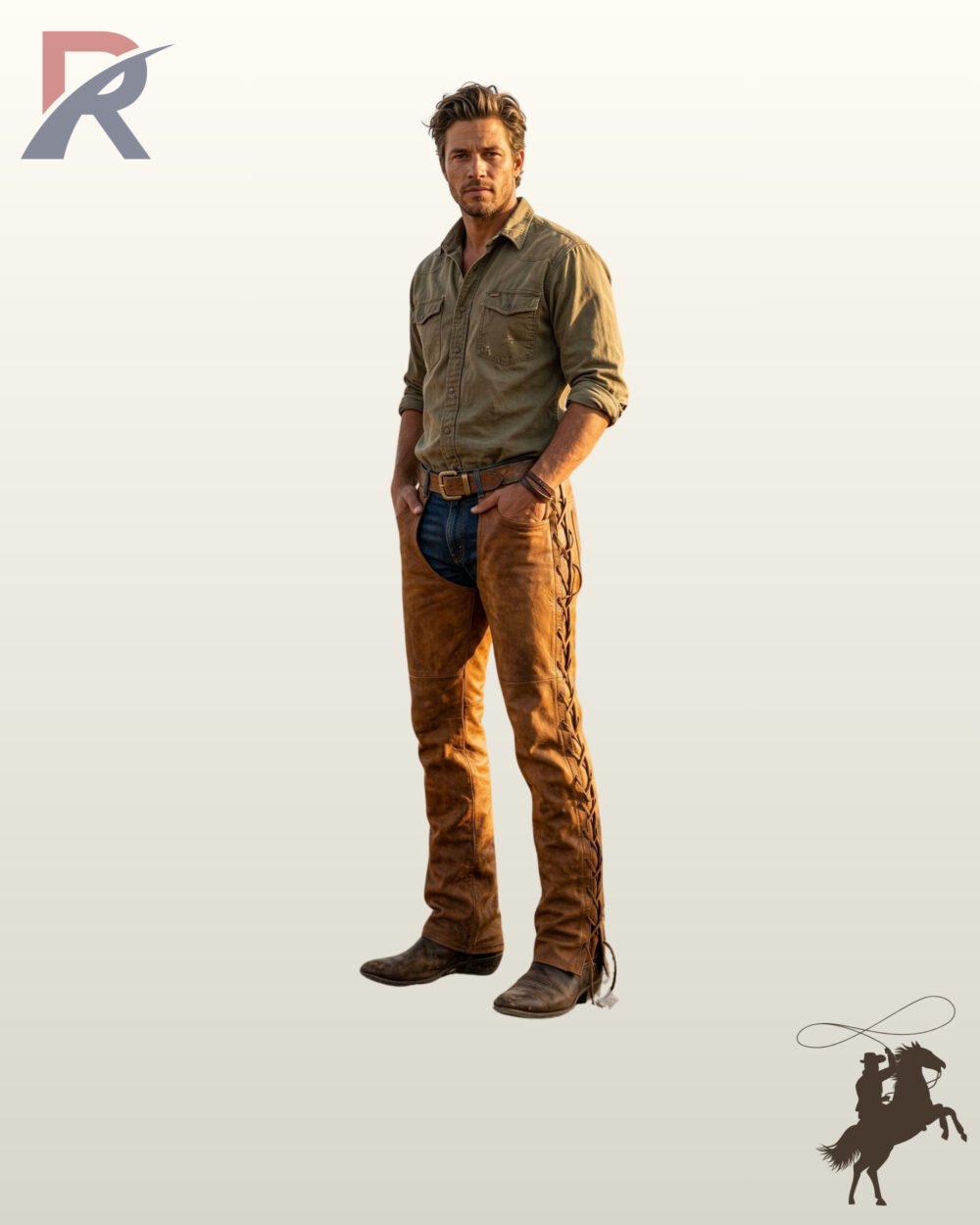 Front view of a male model wearing distressed tan brown leather western chaps with side-laced details, styled with an olive work shirt and boots.