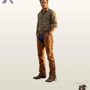 Front view of a male model wearing distressed tan brown leather western chaps with side-laced details, styled with an olive work shirt and boots.