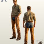 Side-by-side front and rear view of a model displaying men's distressed tan brown leather western riding chaps with side lace-up construction.