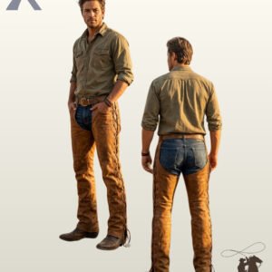 Side-by-side front and rear view of a model displaying men's distressed tan brown leather western riding chaps with side lace-up construction.