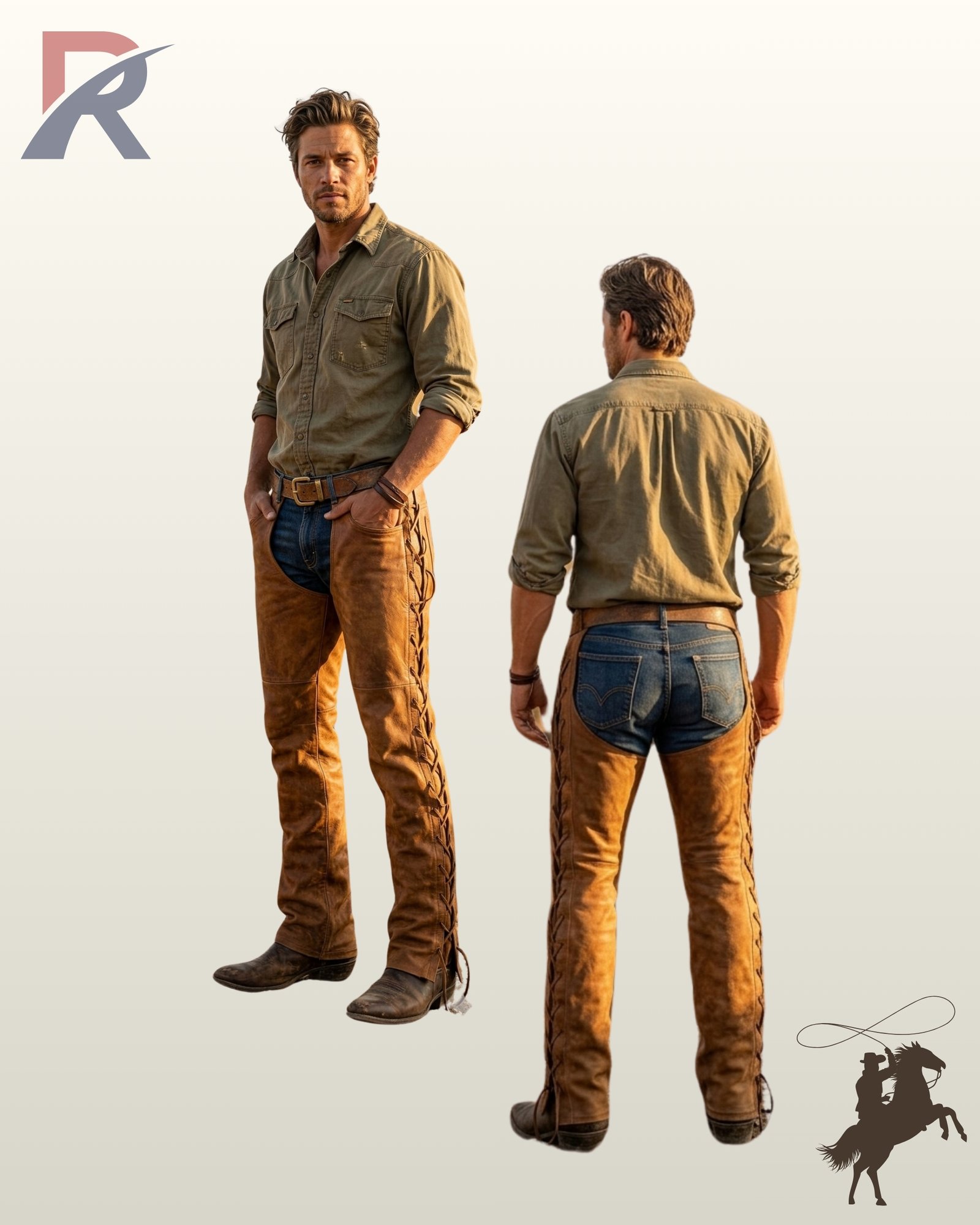 Side-by-side front and rear view of a model displaying men's distressed tan brown leather western riding chaps with side lace-up construction.