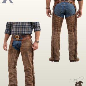Side-by-side front and rear view of a model wearing men's distressed tan brown suede western riding chaps with back leg lacing and side fringe.