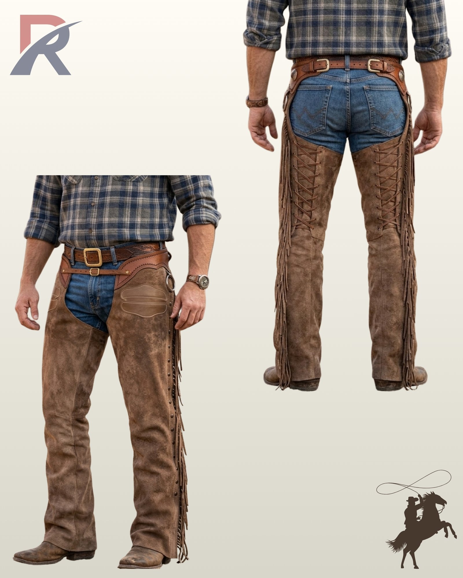 Side-by-side front and rear view of a model wearing men's distressed tan brown suede western riding chaps with back leg lacing and side fringe.