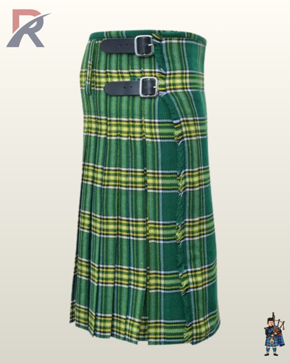Side view of a men's Irish National green tartan kilt with black leather waist straps.