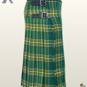 Side view of a men's Irish National green tartan kilt with black leather waist straps.