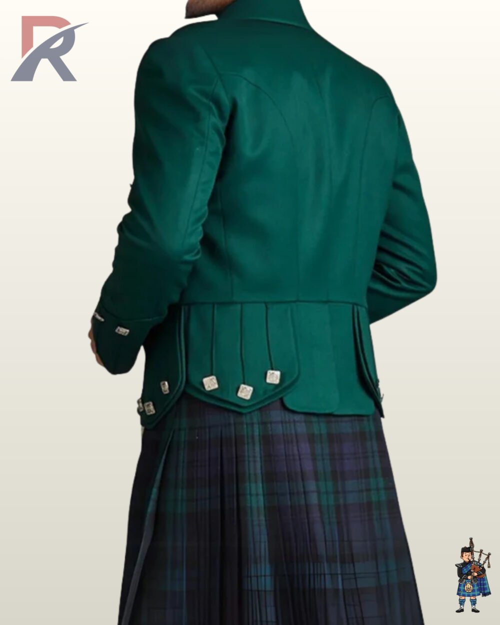 Rear view of a men's emerald green wool Prince Charlie kilt jacket displaying scalloped skirt flaps and silver diamond buttons over a tartan kilt.