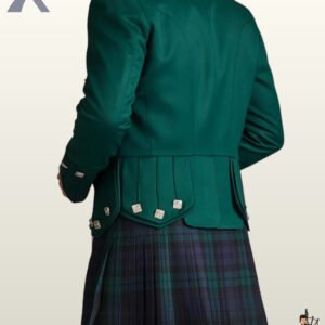 Rear view of a men's emerald green wool Prince Charlie kilt jacket displaying scalloped skirt flaps and silver diamond buttons over a tartan kilt.