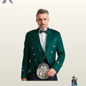 Full formal men's green highland dress outfit featuring a Prince Charlie jacket, 3-button vest, white dress shirt, and tartan kilt.