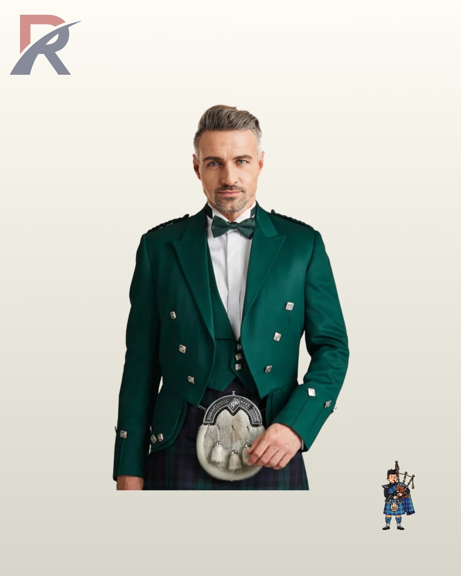 Full formal men's green highland dress outfit featuring a Prince Charlie jacket, 3-button vest, white dress shirt, and tartan kilt.