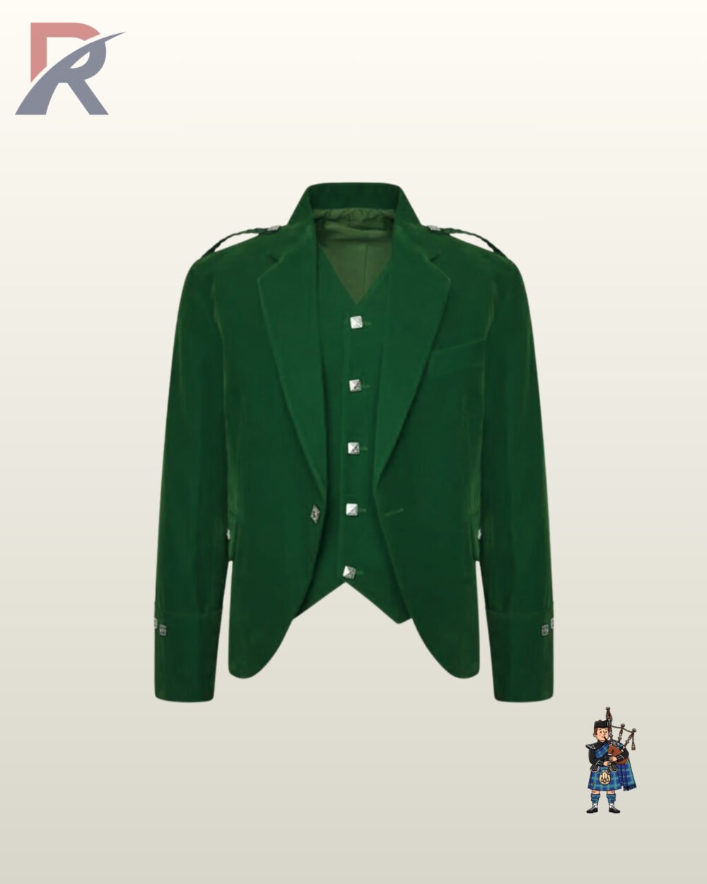 Front view of a men's emerald green velvet Argyle kilt jacket paired with a matching 5-button velvet waistcoat.
