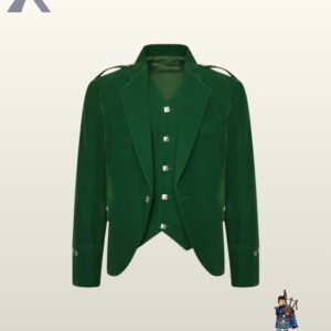 Front view of a men's emerald green velvet Argyle kilt jacket paired with a matching 5-button velvet waistcoat.
