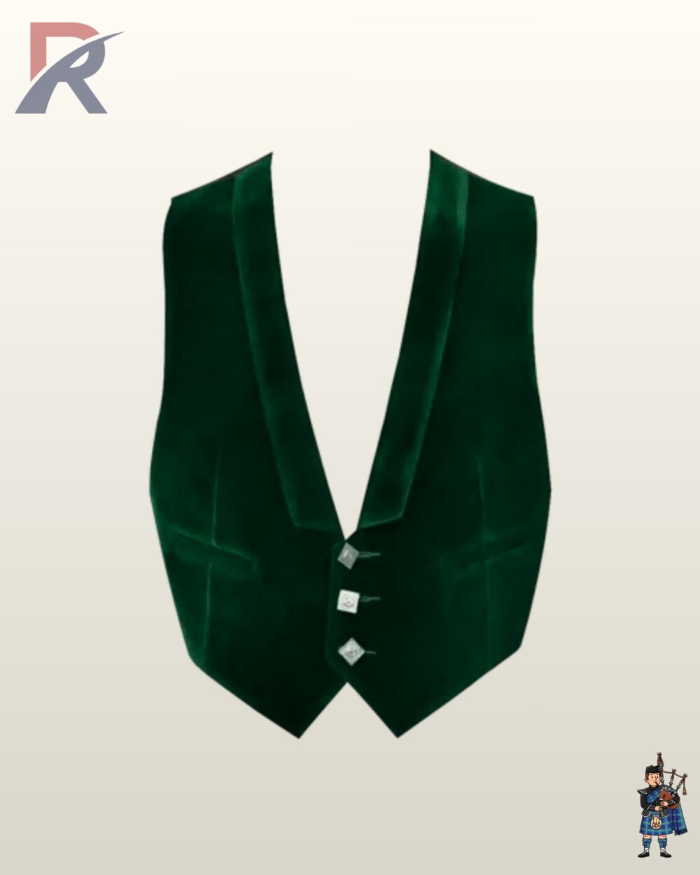 Front view of a men's emerald green velvet low-cut kilt waistcoat detailed with three square silver buttons.