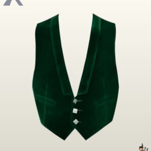 Front view of a men's emerald green velvet low-cut kilt waistcoat detailed with three square silver buttons.