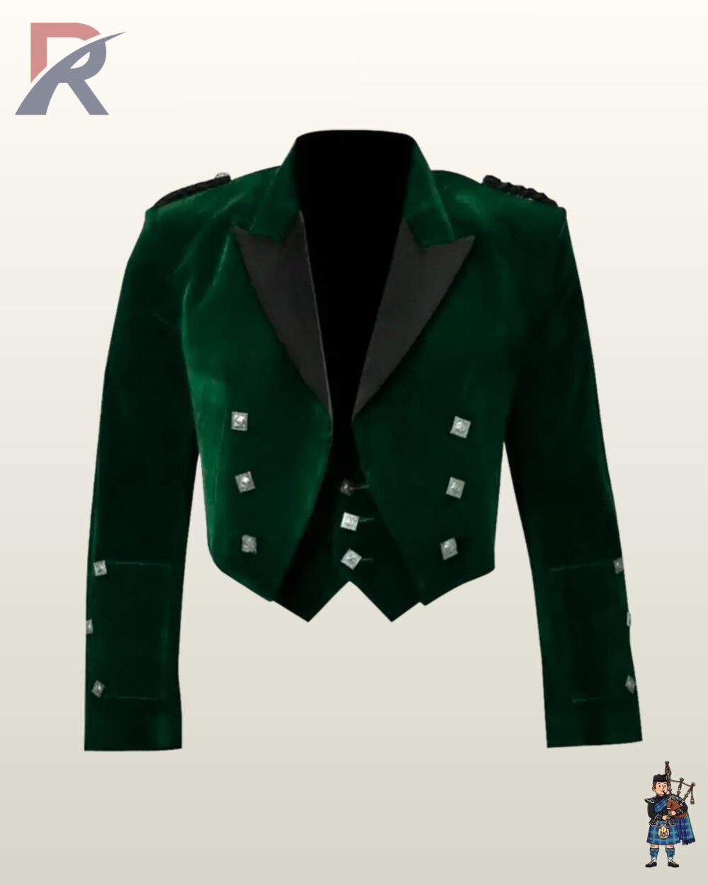 Front view of a men's emerald green velvet Prince Charlie kilt jacket paired with a matching low-cut waistcoat and satin peak lapels.