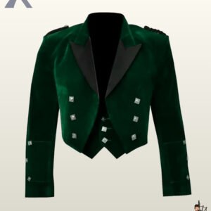 Front view of a men's emerald green velvet Prince Charlie kilt jacket paired with a matching low-cut waistcoat and satin peak lapels.