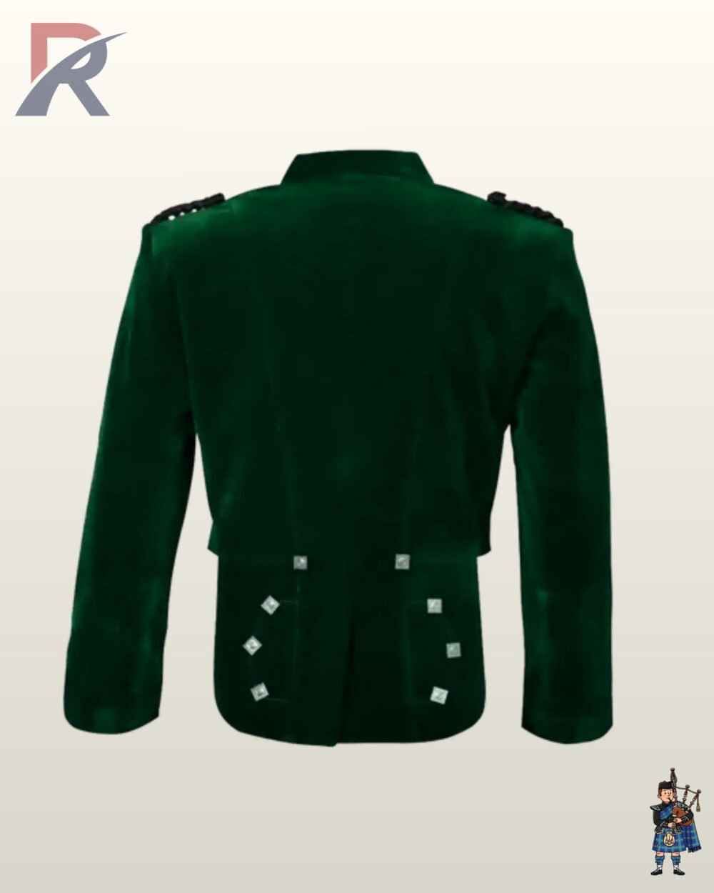 Traditional men's forest green velvet Scottish highland jacket displaying structured back skirts with ornate silver button embellishments.