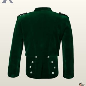 Traditional men's forest green velvet Scottish highland jacket displaying structured back skirts with ornate silver button embellishments.