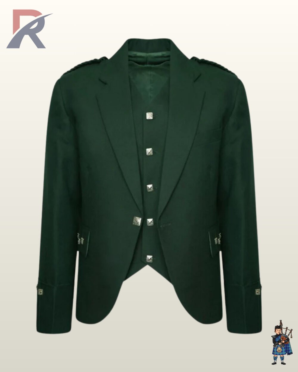 Front view of a men's forest green wool Argyle kilt jacket set with a matching 5-button waistcoat and silver square buttons.