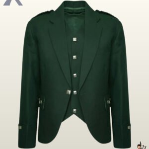Front view of a men's forest green wool Argyle kilt jacket set with a matching 5-button waistcoat and silver square buttons.