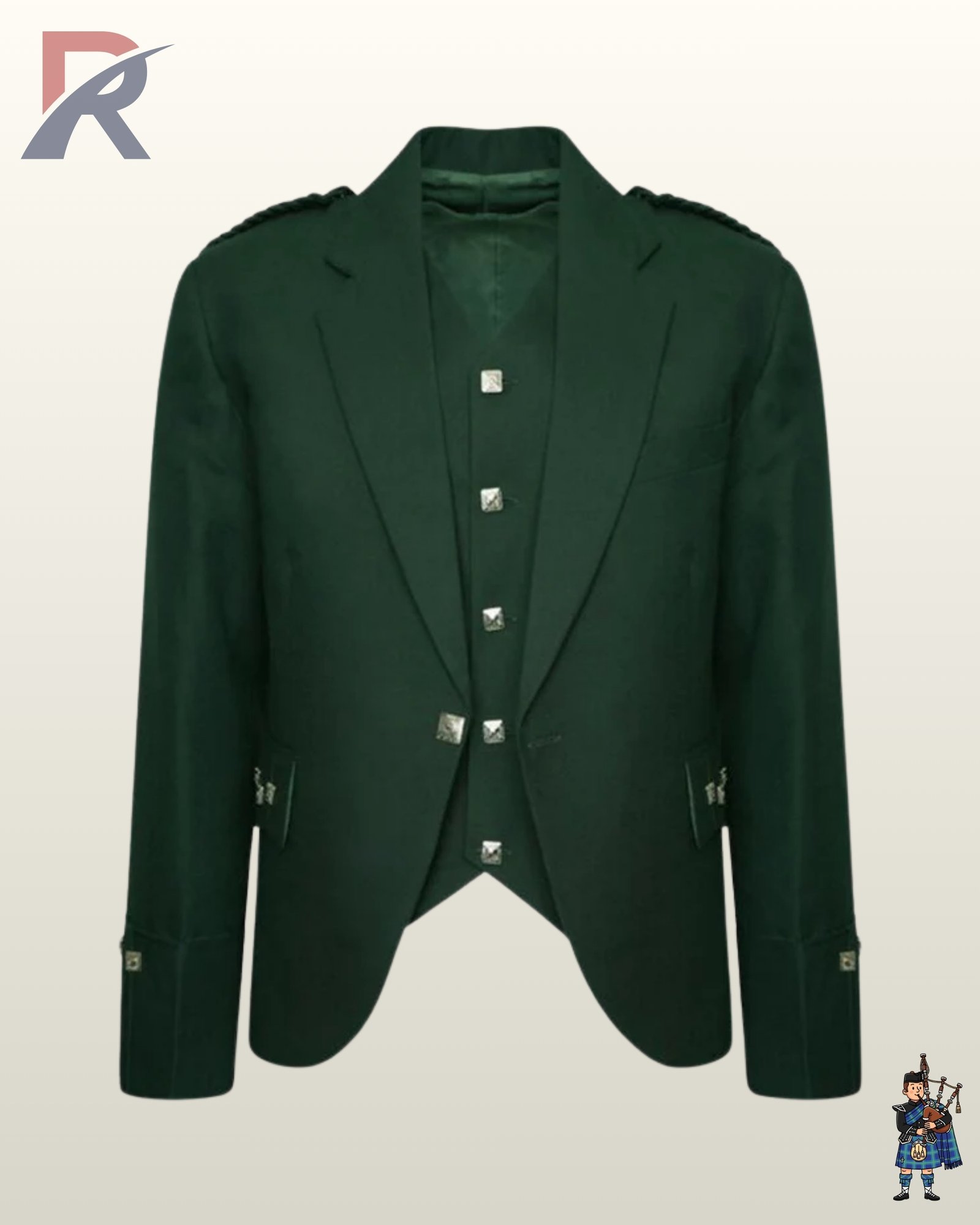 Front view of a men's forest green wool Argyle kilt jacket set with a matching 5-button waistcoat and silver square buttons.