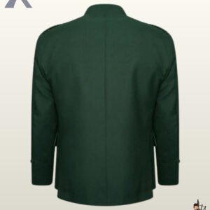 Rear view of a men's forest green wool Argyle kilt jacket showing braided epaulet cords and a tailored rear profile.
