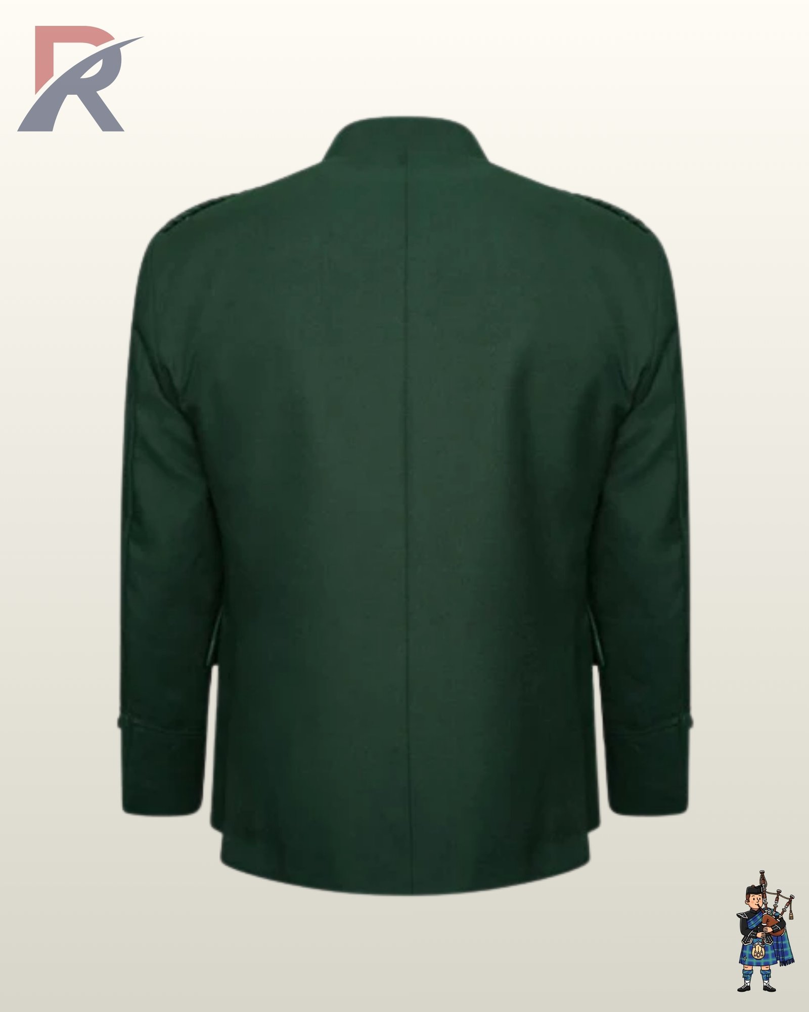 Rear view of a men's forest green wool Argyle kilt jacket showing braided epaulet cords and a tailored rear profile.