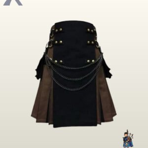 Steampunk style men's hybrid utility kilt styled with black apron panel, brown side pleats, and antique brass studs.