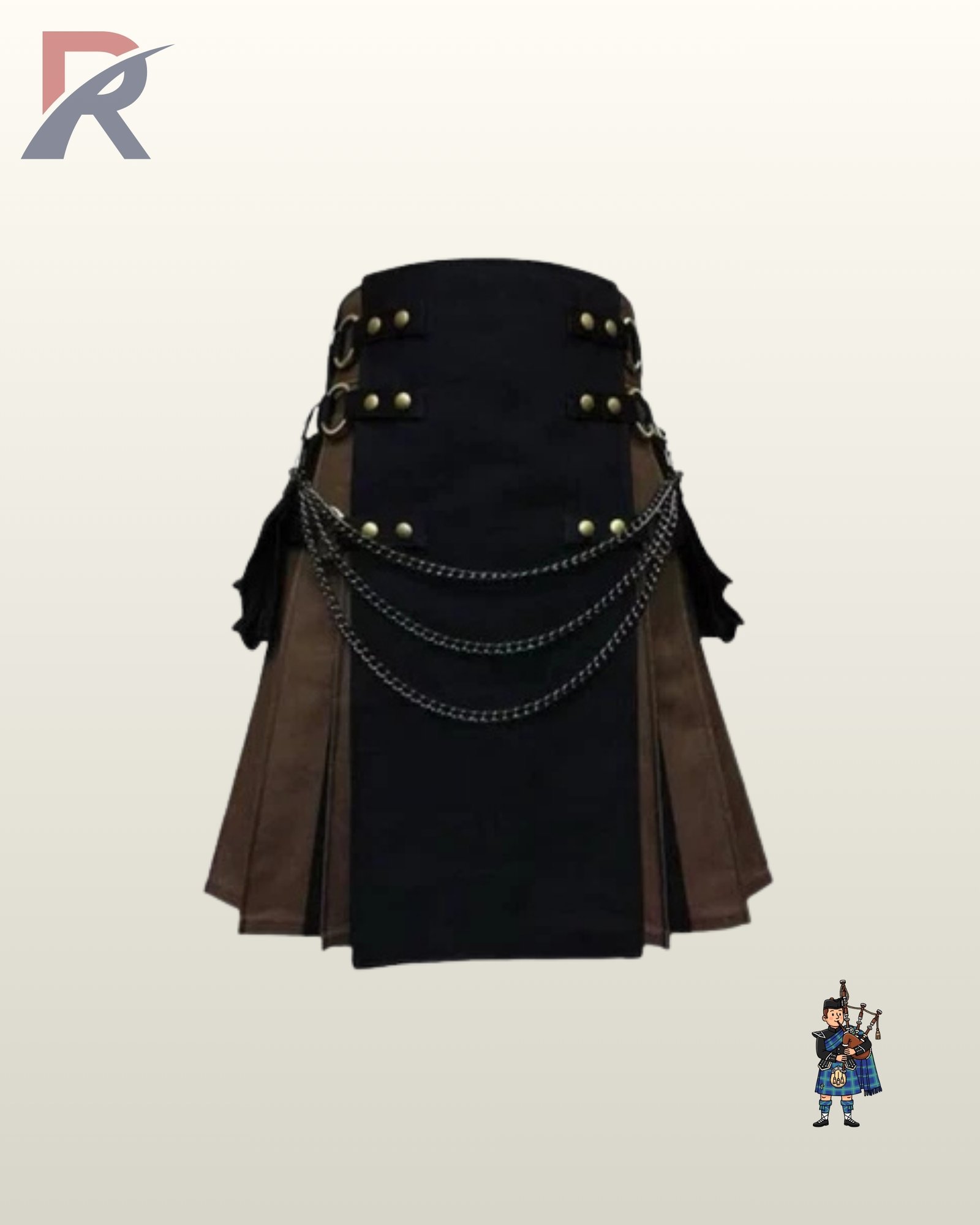 Steampunk style men's hybrid utility kilt styled with black apron panel, brown side pleats, and antique brass studs.