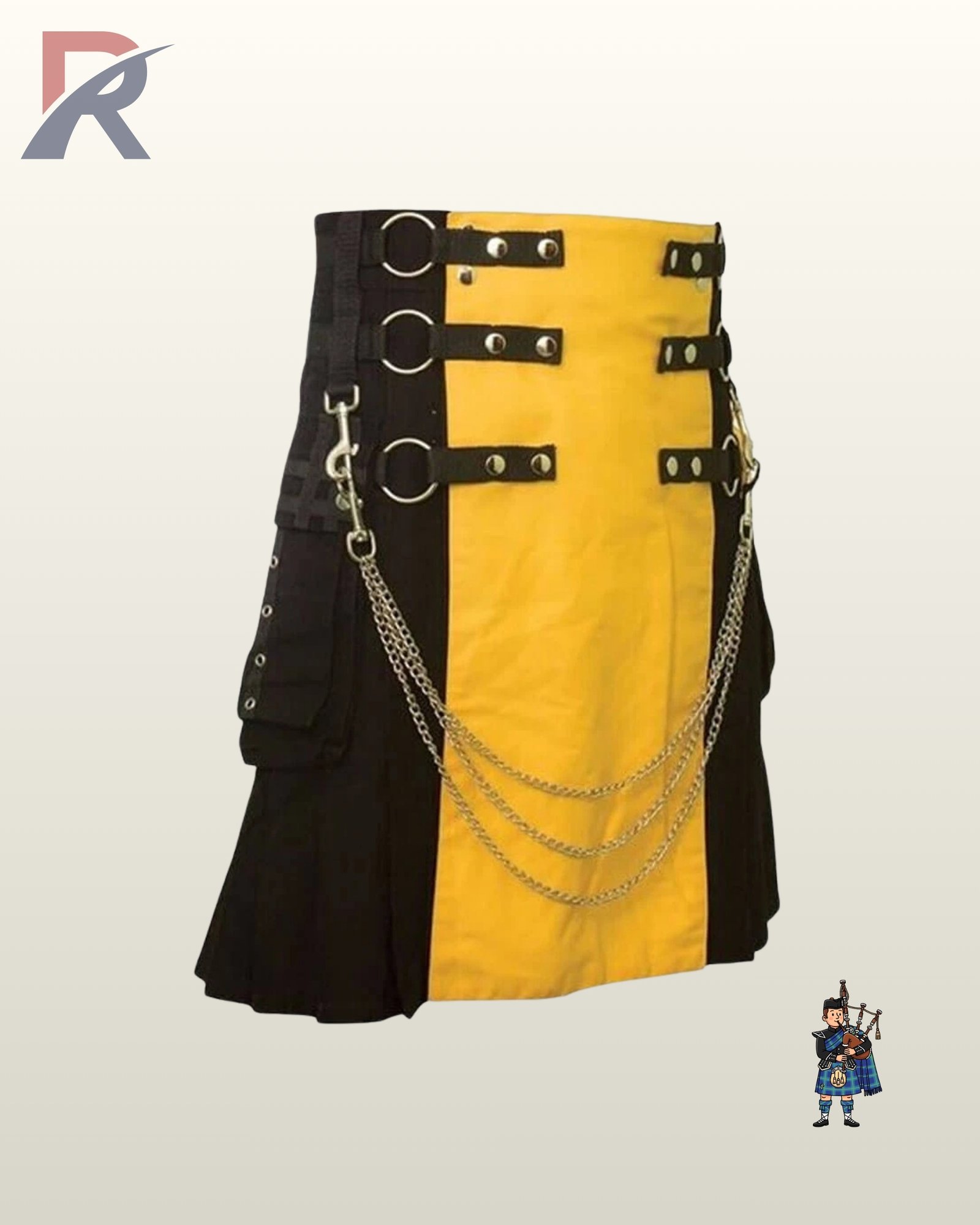 Heavy-duty yellow and black utility kilt featuring side cargo pouches, metal D-rings, and decorative front chain draping.