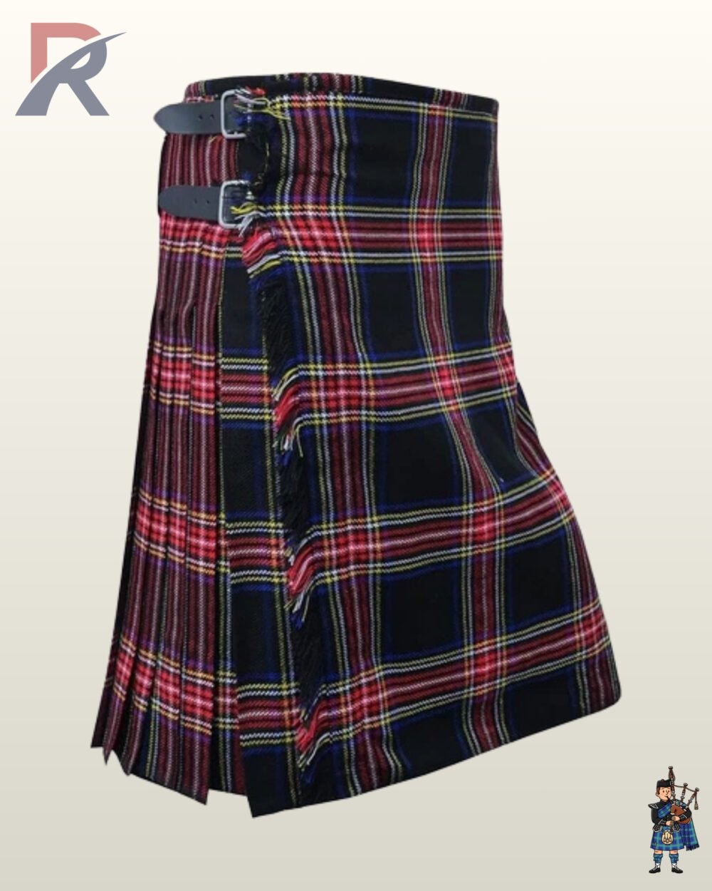 Gothic-inspired men's Black Stewart tartan kilt showing fine red overcheck lines and crisp pleating.