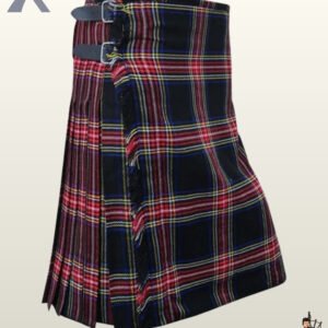 Gothic-inspired men's Black Stewart tartan kilt showing fine red overcheck lines and crisp pleating.