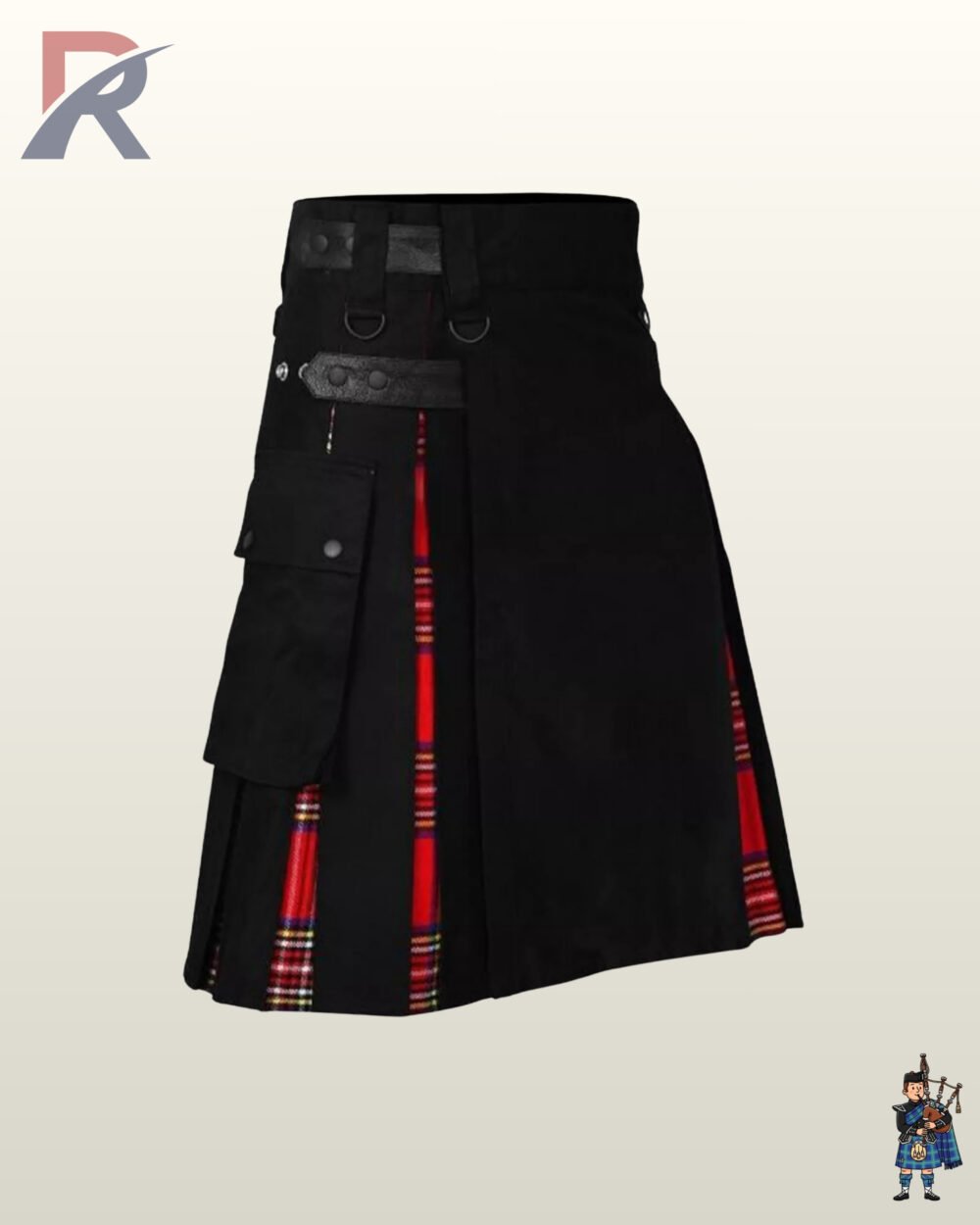 Men's tactical cargo kilt in black cotton with red tartan inner pleats and side leather strap fastenings.