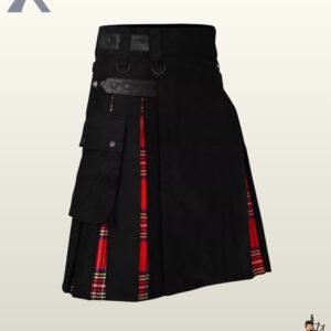 Men's tactical cargo kilt in black cotton with red tartan inner pleats and side leather strap fastenings.