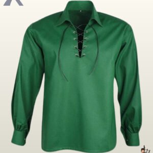 Front view of a men's emerald green Jacobite ghillie shirt with leather chest lacing and silver metal grommets.