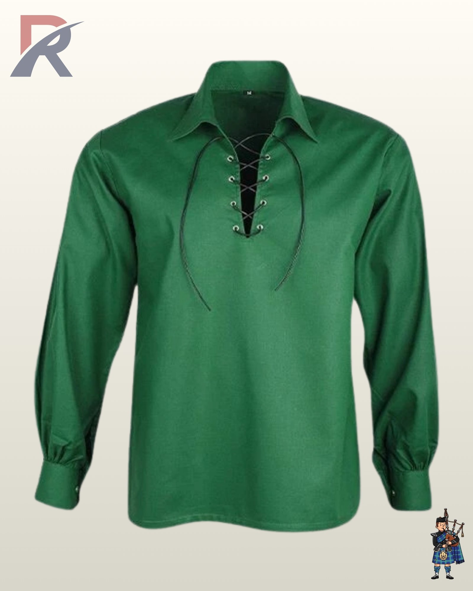 Front view of a men's emerald green Jacobite ghillie shirt with leather chest lacing and silver metal grommets.