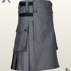 Side view of a men's charcoal grey utility kilt featuring side cargo pockets, black leather straps, and D-rings.