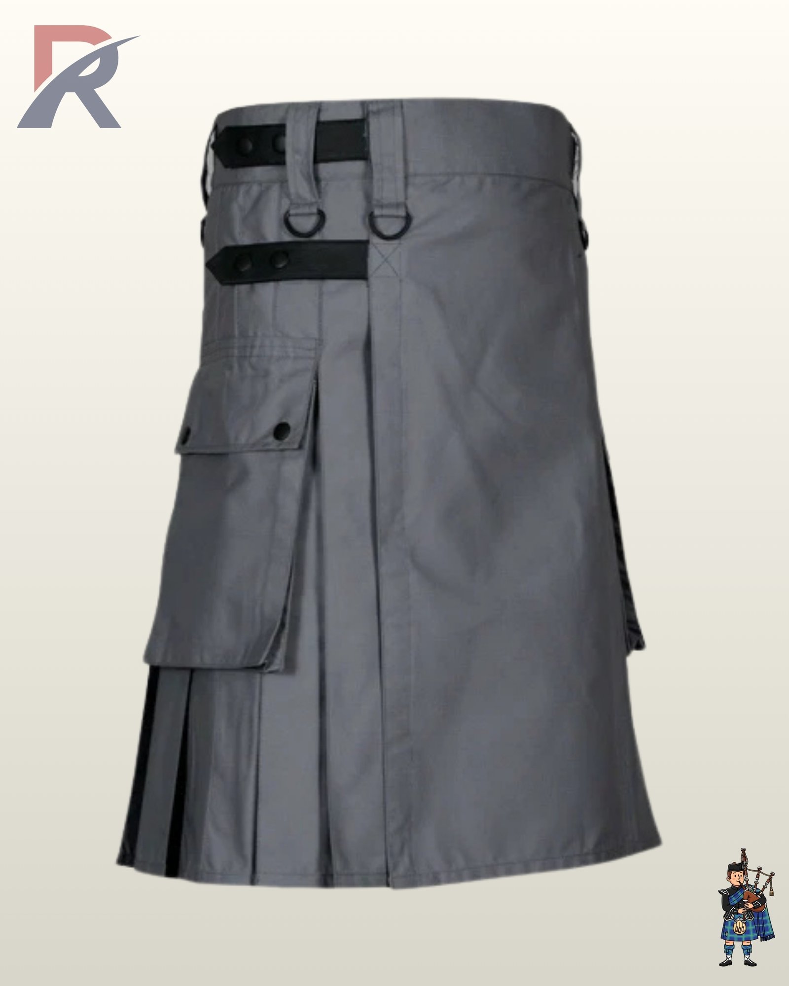 Side view of a men's charcoal grey utility kilt featuring side cargo pockets, black leather straps, and D-rings.
