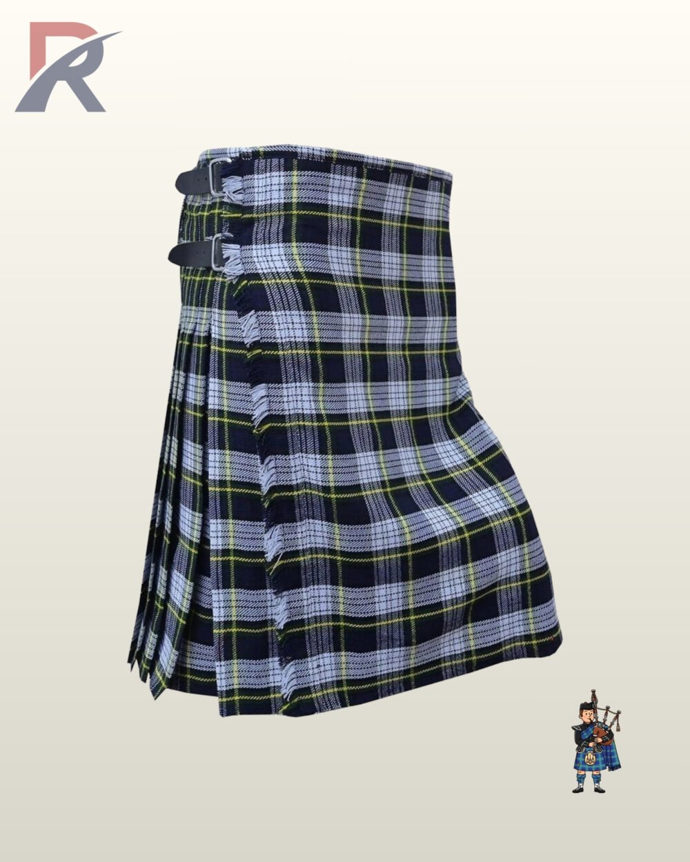 Traditional men's Grey Stewart tartan kilt with adjustable leather side straps for highland wear.