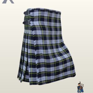 Traditional men's Grey Stewart tartan kilt with adjustable leather side straps for highland wear.
